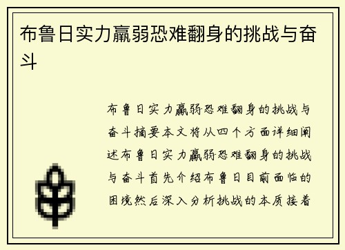 布鲁日实力羸弱恐难翻身的挑战与奋斗